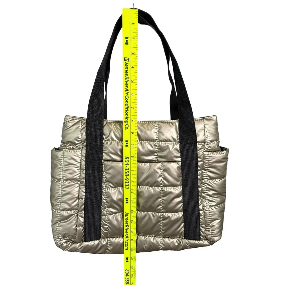 Puffer‎ Quilted Tote Shoulder Bag Metallic Gold Bronze Black Straps Zipper